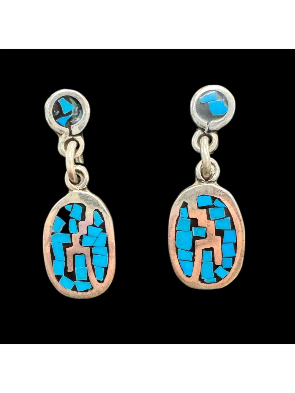 Vintage Taxco  1970’s  Inlaid  Turquoise 925 Silver Earrings